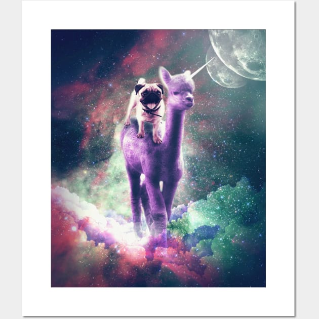 Funny Space Pug Riding On Alpaca Unicorn Wall Art by Random Galaxy